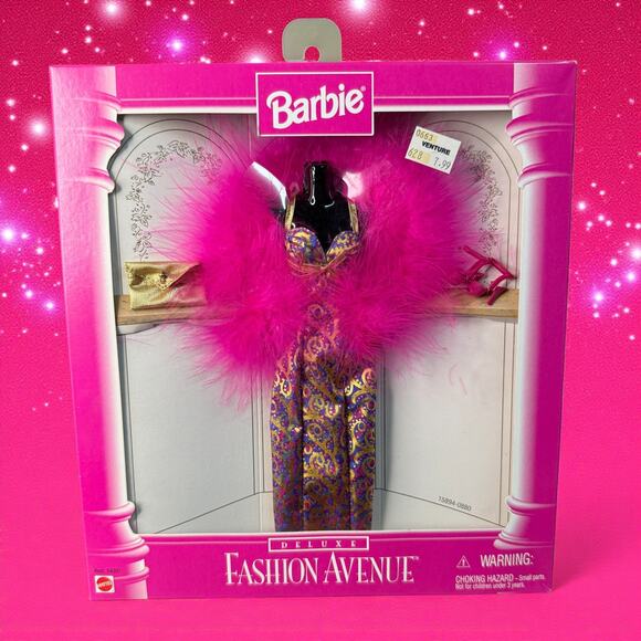 1996 Mattel Barbie Fashion Avenue Deluxe Evening Dress Fur Boa #14307 - NRFB/NIB - Picture 1 of 7
